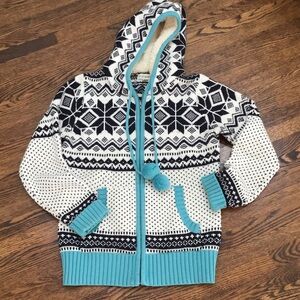 Black and White Nordic Print Knit Front Zip Hoodie with Blue Trim